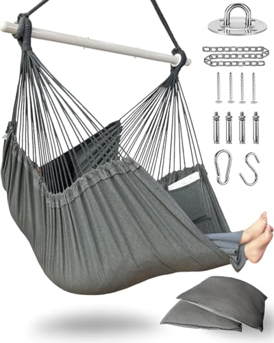 Image of XXL Hammock Chair Hanging Rope Swing with 2 Cushions - Max 500lbs-Perfect for Patio, Porch, Bedroom, Backyard, Indoor or Outdoor - Includes Hanging Hardware Kits