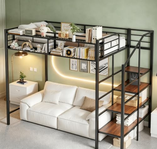 Image of Bellemave Twin loft Bed with Storage Stairs and Upper Grid Storage Shelf, Metal Twin Loft Bed Frame for Adults, Kids, Teens, Black