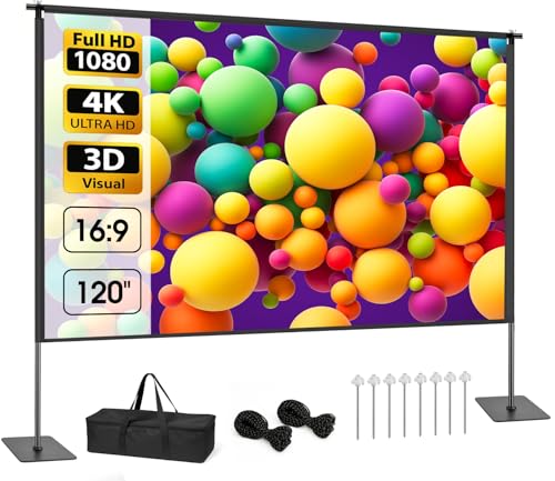 Outdoor Projector Screen with Stand, 120 inch Portable Projection kit 16:9 4K HD Wrinkle-Free Indoor...