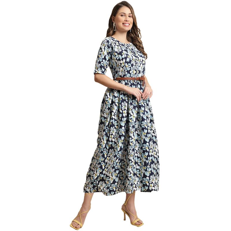 Preneum Women's Rayon Fit And Flare Maxi Partwear Dress, Blue