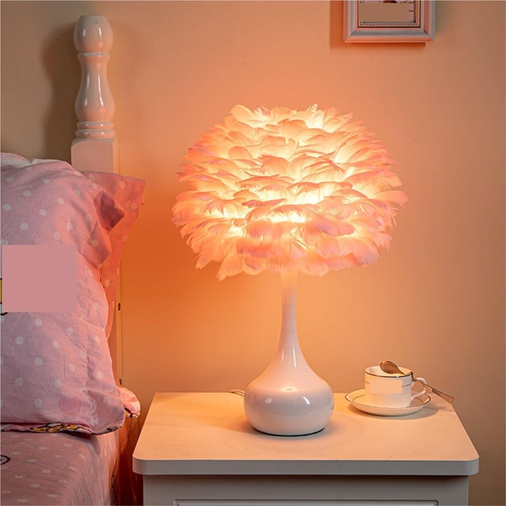 Lampada da tavolo con piume, romantica lampada da comodino | Paralume in piuma, stile romantico, base in metallo, luce ambientale, arredamento della(White)