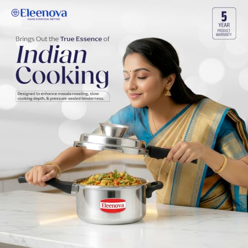 Image of Eleenova Legacy Stainless Steel Pressure Cooker 5 Litre | Anti Spill Design | Gas Stove and Induction Compatible | Outer Lid SS Pressure Cooker | ISI Certified | 5 Year Warranty