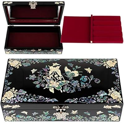 February Mountain Mother of Pearl Wooden Butterfly Jewelry Box, Natural Lacquer Finish, Sea Shell Inlaid Mirror Lid, Craftsmanship, Timeless Masterpiece, Storage & Home Decor