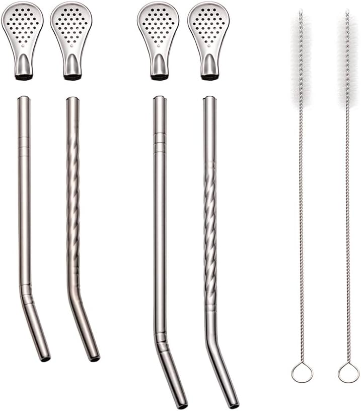 4 Pcs Yerba Mate Straw Bombilla Mate Loose Tea Filter (7inch and 8.27inch), Reusable Tea Straw 304 Stainless Steel for Coffee Cocktail Stirring Filter. With 2 cleaning brushes (silver)