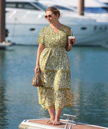Image of TIYOMI Women Plus Size Dress Boho V Neck Short Sleeve Beach Maxi Dresses Floral /Stripe /Leaves /Lemon XL-5XL
