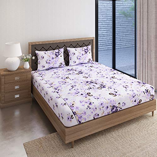 Image of Swayam Pure Cotton Double Bedsheet with 2 Pillow Covers | Size 90 x 100 inch | 160 TC | Floral Design | Soft Breathable Bed Sheet | Comfortable & Durable for Bedroom - Purple