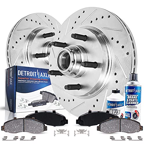 Image of Detroit Axle - 2WD Front Brake Kit for 2000-2003 Ford F-150 | 2001 2002 [5-Lug] Drilled & Slotted Disc Brake Rotors Ceramic Brake Pads Replacement