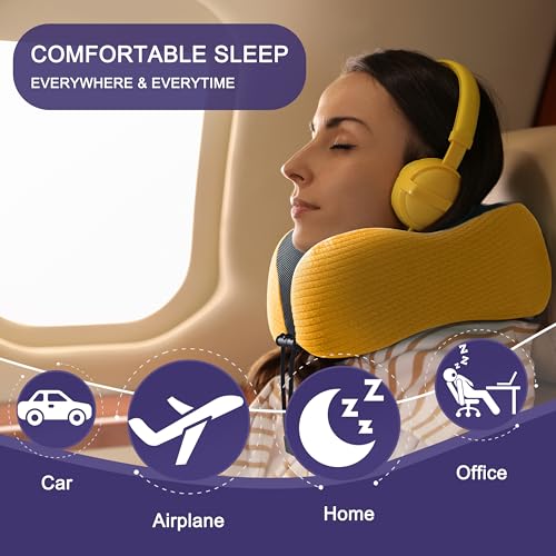 Image of napfun Neck Pillow for Traveling, Upgraded Travel Neck Pillow for Airplane 100% Pure Memory Foam Travel Pillow for Flight Headrest Sleep, Portable Plane Accessories, Yellow