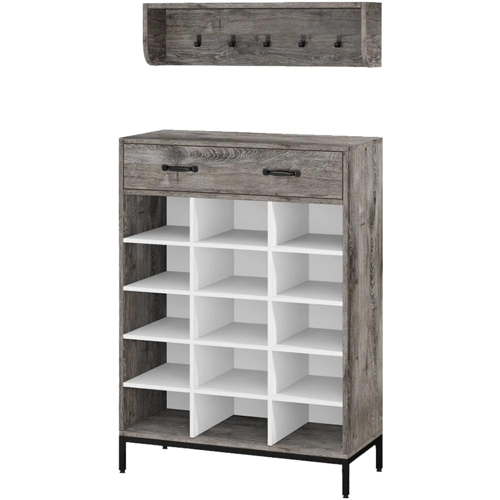 Shally Dogan Set Ingresso con Scarpiera e Appendiabiti da Parete, Mobile Portascarpe Autoportante con 1 Cassetto e Organizer 15 Scomparti, Attaccapanni a Muro con 5 Ganci, Corridoio, Bagno (Grigio)