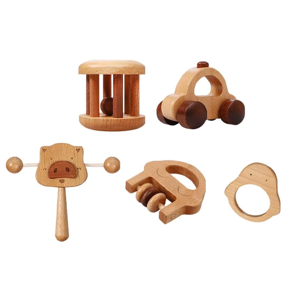 Montessori Holz-Babys-Spielzeugset, Greifspielzeug aus natürlichem Buchenholz, Beiß- und Sinnes-Spielzeug, frühpädagogisches Spielzeug (5 Stück)
