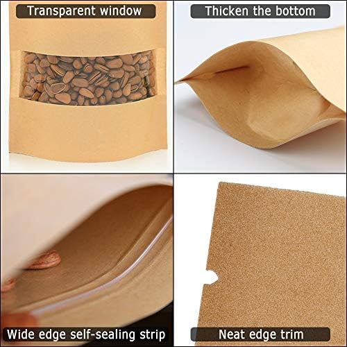 150Pcs Kraft Paper Pouch Stand Up Food Bag, Reusable Ziplock Kraft Paper Pouch with Transparent Window for Nuts, Coffee Beans, Tea Leaves, Spices (9cm * 14cm)