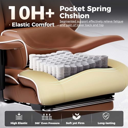 COMHOMA Big and Tall Office Chair 400lbs High Back Leather Executive Chair with Ergonomic Lumbar Support & Pocket Spring Cushion for Lower Back Pain Relief, Computer Gaming Chair with Foot Rest, Brown