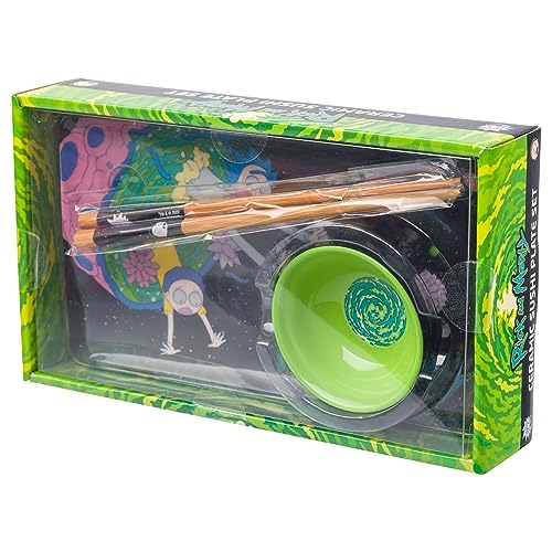 Image of Silver Buffalo Rick and Morty Plant Portal Fall Ceramic Sushi Set with Dipping Sauce Dish and Matching Chopsticks