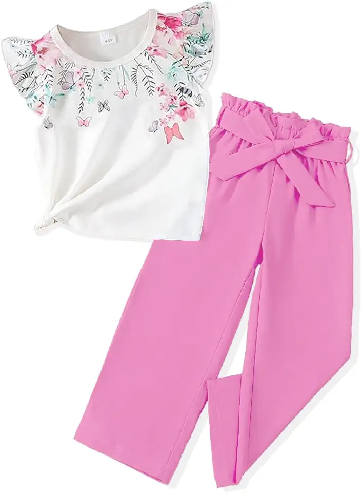 FJLSJSW Toddler Kid Girl Clothes Casual Ruffle Sleeve Floral Printed Top Solid Pants with Belt 3PC Outfit Set