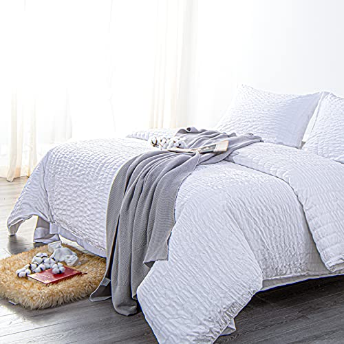 Ntbay 3 Pieces Queen Duvet Cover Set, Seersucker Textured Stripe Washed Microfiber Comforter Cover With Zipper Closure, 90X90 Inches, White #TOP5