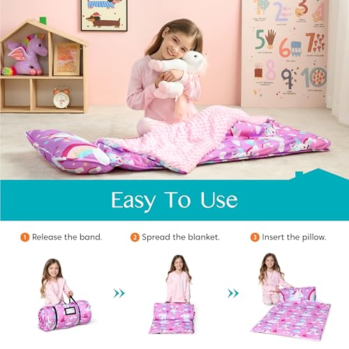 Image of JOIEDOMI Toddler Sleeping Bag for Kids 55''x30'' Nap Mat with Removable Pillow and Minky Blanket for Toddler Ages 3-7 Roll Up Soft Kids Sleeping Bag for Boys Girls Kindergarten Daycare Sleepover