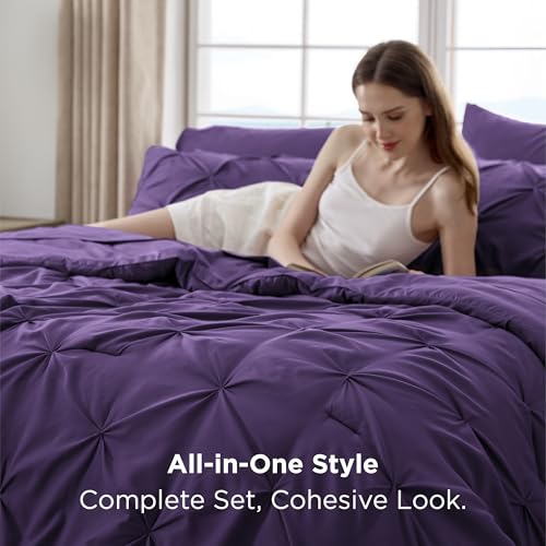Image of Bedsure Full Comforter Set Purple - Bed in a Bag Full Size Bedding Set 7 Pieces, GentleSoft Pintuck Bed Set Gift for Family, All Season Down Alternative Comforter with Sheets, Pillowcases & Shams