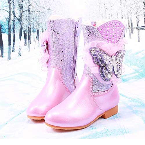 Girls Winter Warm Fur Boots Sparkle Rhinestone Lace Butterfly Mid Calf Boots2
