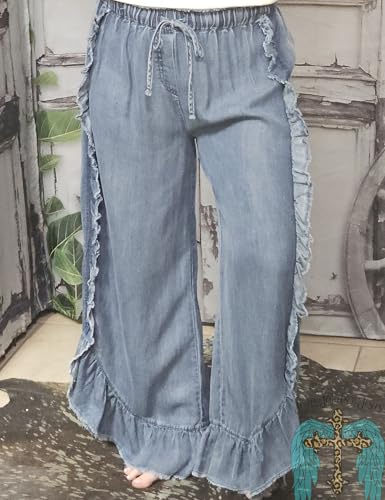 Zontroldy Women's Drawstring Elastic High Waisted Baggy Wide Leg Ruffle Hem Flared Denim Pants Boho Trousers3