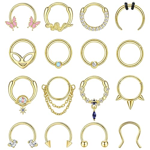 LOYALLOOK 16G Septum Rings Hoop for Women Men Surgical Steel Dangle Septum Jewelry Septum Clicker Horseshoe Nose Rings Hoop Hinged Segment Daith Helix Tragus Cartilage Earrings Piercing Gold Tone