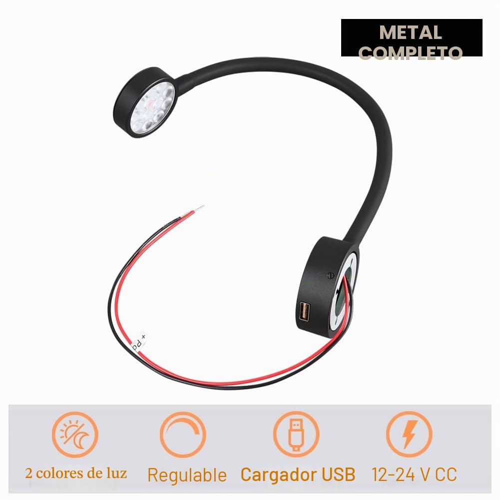 Lámpara de lectura LED 12V Regulable para Autocaravana Furgo Barco Van, Equipado Cargador USB& Luz Nocturna Roja 254lm 24VDC Flexible Cuello de Cisne Junto a la Cama de Pared Luz de Lectura