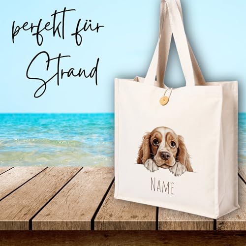 GRAZDesign Personalisierbare Hundemotiv Tragetasche aus Baumwolle mit Knopf und Namen, Ideal für Hunderassen-Liebhaber - Cocker Spaniel