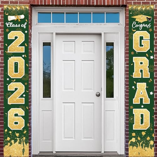 Image of 2026 Graduation Porch Sign Banner Green Gold | Class of 2026 Congrats Grad Porch Sign Banner Hanging Flag Graduation Party Decorations for School College Classroom Decor