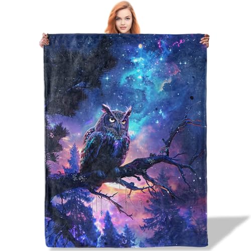 Plistiz Galaxy Owl Throw Blanket for Women Girls Boys, Soft Flannel Blankets Gifts for Living Room C