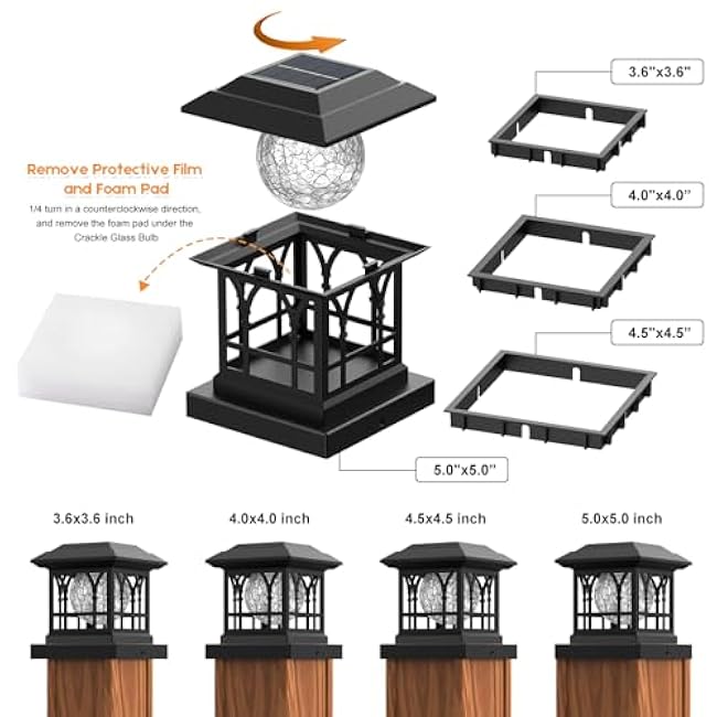 Fence Post Solar Lights, Crackle Glass Solar Post Cap Lights, 20 Lumens, Warm White & RGB Automatic Cycling 2 Modes for 3.6x3.6 4x4 4.5x4.5 5x5 Vinyl Wooden Posts Decoration, Black (6 Pack)