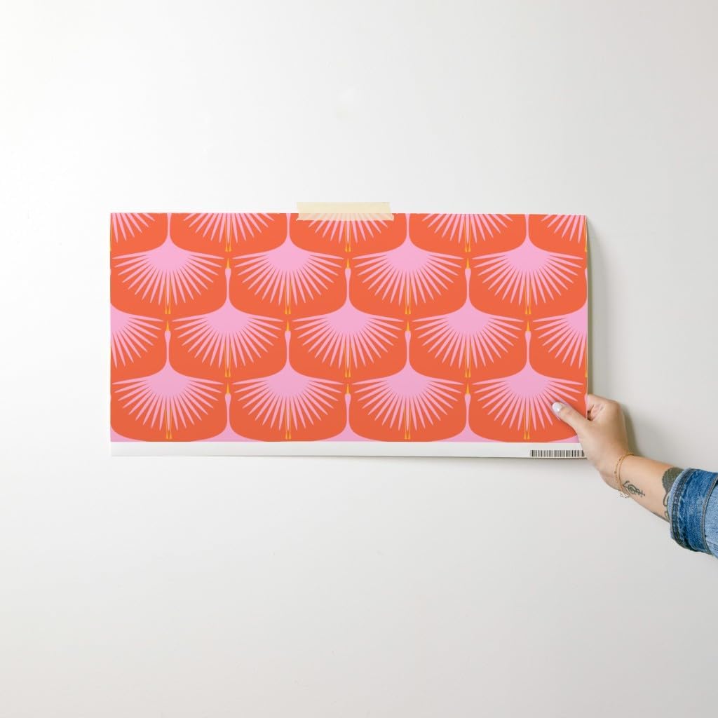 Peel & Stick Wallpaper Swatch - Art Deco Crane Pink Red Orange Retro Vintage Bird Swan Custom Removable Wallpaper by Spoonflower