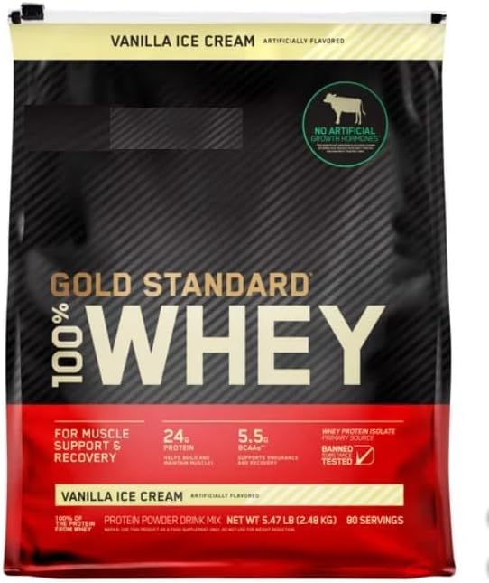 Nutrition Gold Standard 100% Whe'y Protein Powder, Vanilla Ice-Cream Flavor Bundle with Scoop, 5.64 lb