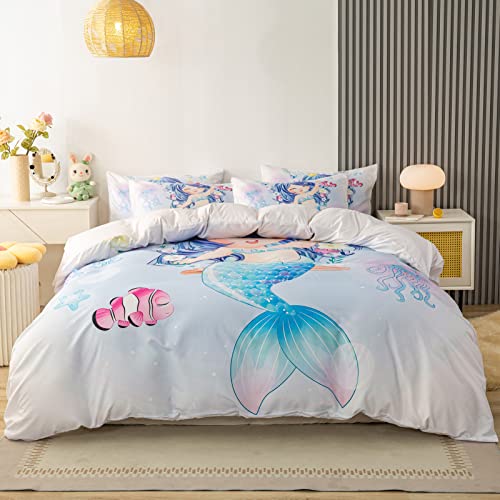 Mermaid Duvet Cover, 100% Microfiber 3Pcs Queen 3D Mermaid Bedding Set For Boys Girls, Cartoon Mermaid Ocean Princess Fish Pattern Print Duvet Cover, 1 Duvet Cover 2 Pillowcases (Queen, Mermaid) #TOP2