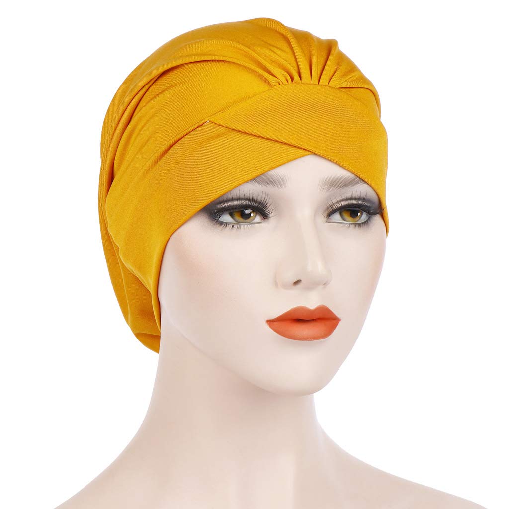Fxhixiy Women’s Ruffle Soft Silky Turban Elastic Wide Band Satin Bonnet Night Sleep Hat Hair Loss Cap (Yellow)