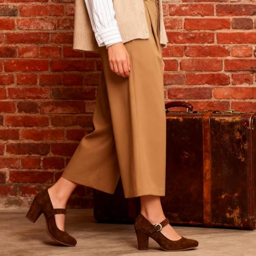Image of SHODENSE Women Vintage Chunky High Heel Mary Jane Shoes Round Closed Toe Ankle Strap Dress Sandals 3 inch Block Heels Mary Jane Lolita Pumps Two-Toned Patchwork Buckle Office Lady Wedding Retro 4-11 M US