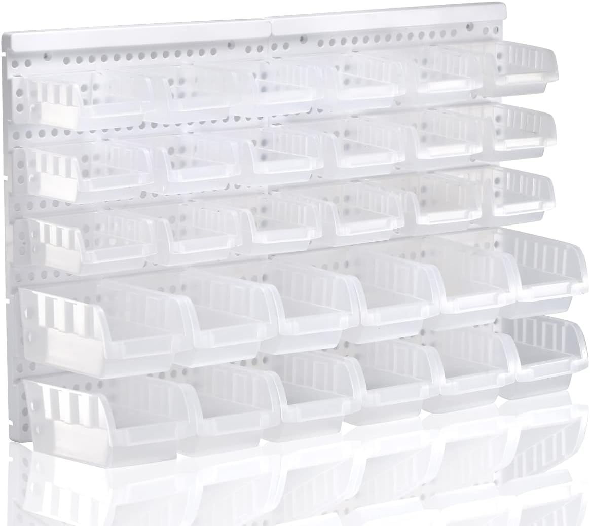 Transparent Garage Organizer Bins, 30PCS Wall Mounted Storage Small Parts Bins With White Pegboard to Store Nuts,Bolts, Screws, Nails