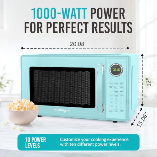 Image of Nostalgia Retro Microwave Oven - 1.1 Cu Ft, 1000-Watt Countertop Size with Glass Turntable, Child Safety Lock, 8 Auto-Cook Programs, Digital Clock - Aqua