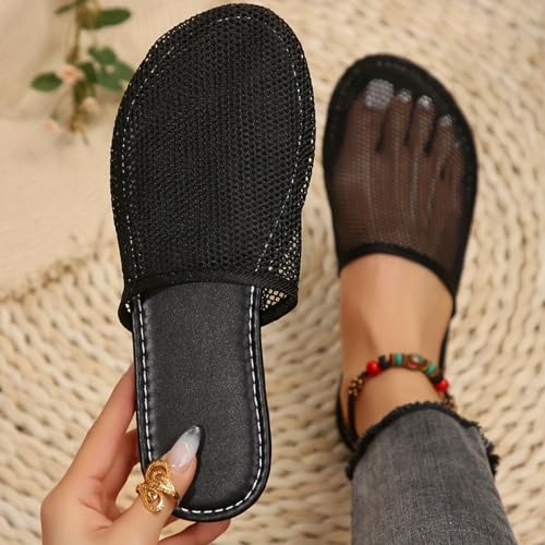 Mesh Flat Slippers for Women, Mesh Slipper for Women, Dressy Slip on for Womens Toe Casual Slingback Flat Mules Women's Fashion Buckle Strap Slide Fishnet Flats Summer Slippers2