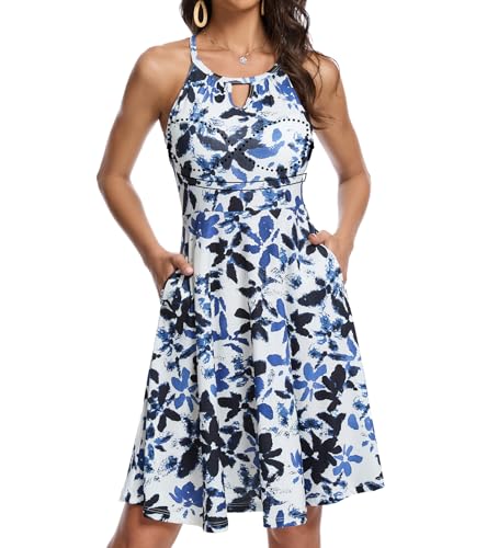 JOYSHAPER Built in Bra Summer Dress Casual Beach Sundress Flowy Halter Dress with Pockets