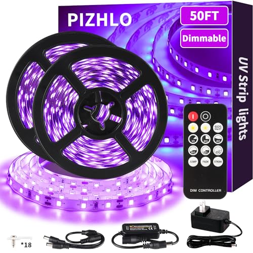 PIZHLO 50 Foot Black Light Strips & Remote, Dimmable Flexible Blackights Strip Lights for Glow Party Body Paint Birthday Bedroom Room Fluorescent Tapestry Poster, Non-Waterproof 900 LEDs 50ft/15M
