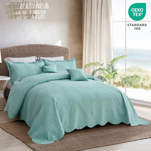 Image of Oversized King Bedspread, Embossed Paisley Quilt Set King /Cal King, Lightweight Reversible Coverlet, Scalloped Edge - Fresh Classic Look, 5 Piece, Seaglass