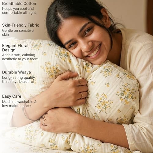 Image of BSB HOME Cloud Cotton King Size bedsheet | Flatsheet Summer Sheet with Two Pillow Covers | Super Soft Bed Sheet for King Size Bed Durable| Floral Design (270 x 250 cm, Off White & Yellow Sage)