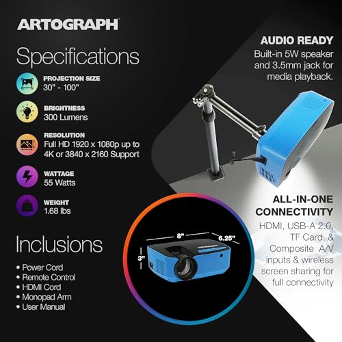 Image of Artograph Flare 100 Digital Art Projector with Adjustable Monopod Stand, Blue /Black - 1080p Native Resolution, Built-In Art Grids for Drawing and Tracing, WiFi and HDMI Compatible