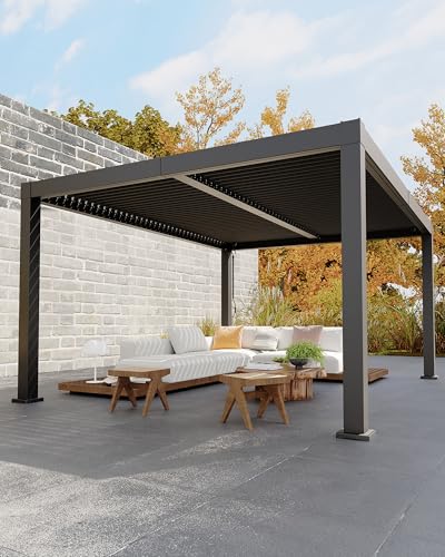 Garveelife All-Aluminum Louvered Pergola 12' x 16', Outdoor Pergola with Adjustable Louvered Roof, Reinforced Aluminum Frame, Integrated Drainage System, Hardtop Gazebo for Patio, Deck, Gray