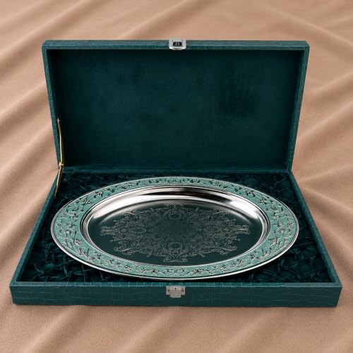 Image of Diviniti Luxury Oval Decorative Tray | Premium Silver Finish Metal Oval Platter with Turquoise Embossed Border | Luxury Home Decor Display Tray for Coffee Table, Dining Table, Console & Gifting (Blue)