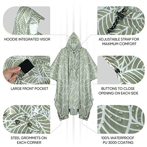 Image of PTEROMY Hooded Rain Poncho for Adult, Waterproof Lightweight Unisex Raincoat for Hiking Camping Emergency
