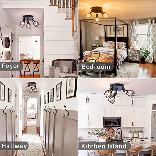 Industrial Semi Flush Mount Ceiling Light, 3-Light Multi-Directional Ceiling Light Fixtures, Vintage Black Metal Wire Cage Farmhouse Pendant Lighting For Kitchen Dining Room Hallway Foyer Bedroom E26 #TOP3