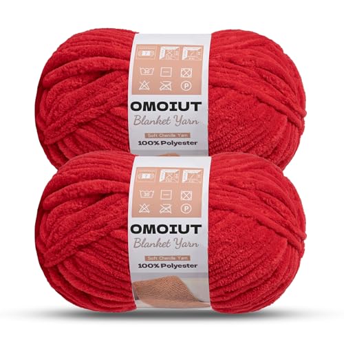 Image of OMoiout Chunky Chenille Yarn for Crocheting, 2 Pack Soft Baby Blanket Yarn, #7 Super Bulky, Chunky Knit Blanket Crochet Yarn, 14 oz /218.7 yds Fluffy Velvet Amigurumi Yarn(2 Red)