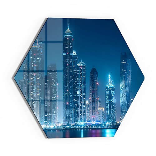DEQORI Cuadro de cristal auténtico, diseño de bahía de Dubai, hexagonal, 40 x 34,5 cm, bonita decoración, mural para salón, dormitorio, pasillo y cocina
