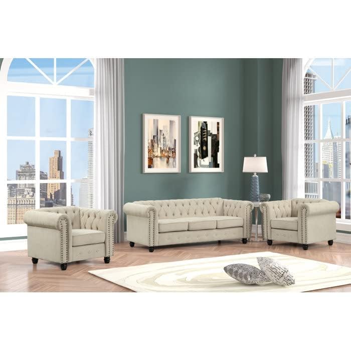 Image of 3 +1 +1 Seater Luxary Velvet Tuffted Round Arm Designed Sofa Set for Living Room, Hallways, Offices, Bedroom (Beige)