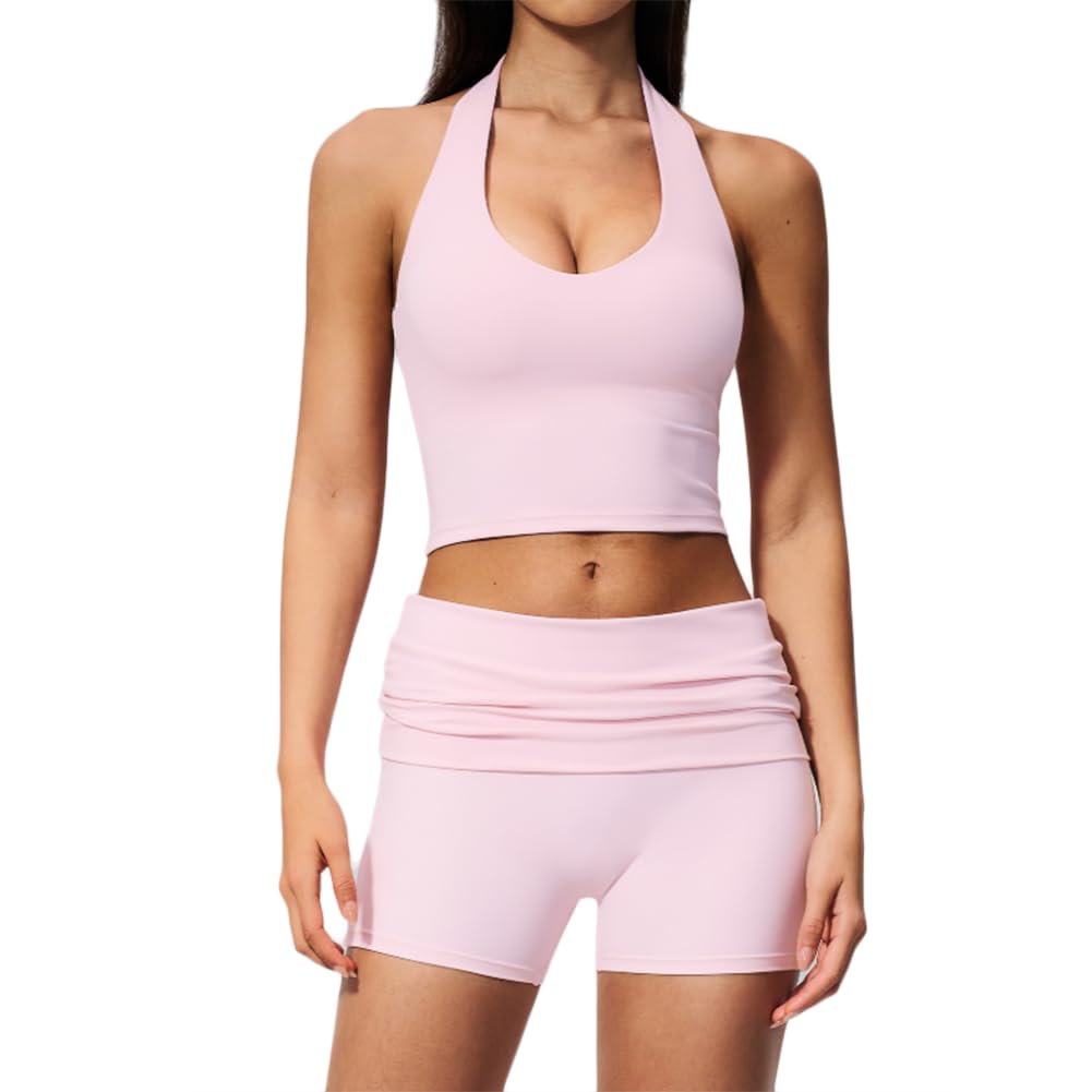XYFfybhsd Workout Clothing 2-Piece Halter Tank Top & Biker Shorts Set = Yoga Fitness Gym Wear for Women(Size:S,Color:Pink)